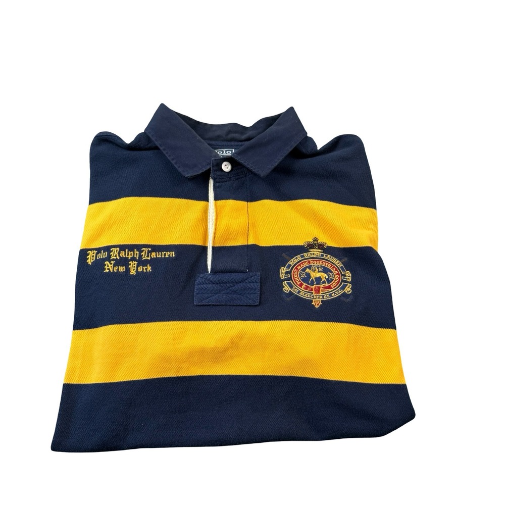 Polo Ralph Lauren Yellow Blue Striped Rugby NY Crest Mens Cotton Polo XL Fits L